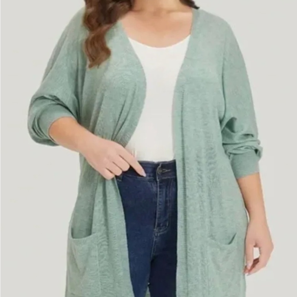 J Jill Sea Foam Green Open Front Cardigan Sweater Pockets Long Sleeves Size M